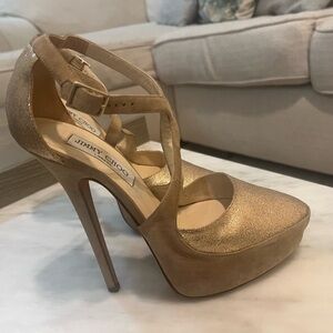 Jimmy Choo champagne/tan suede platform heels. Size 39